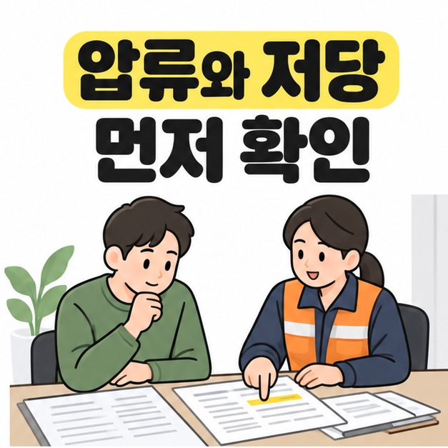 압류와 저당 먼저 확인이라는 문구 아래 담당자가 책상에 펼친 서류의 노란색 강조 항목을 가리키며 차주에게 설명하는 모습