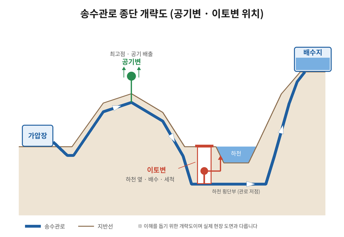 송수관로 종단 개략도(공기변&middot;이토변 위치)