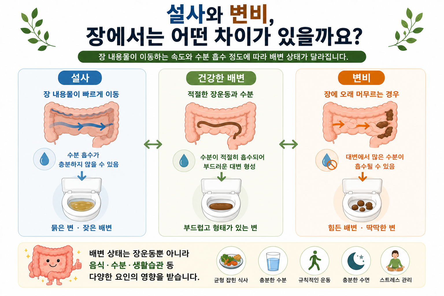 장 통과 속도와 수분 흡수에 따른 묽은 변&middot;형태 있는 변&middot;딱딱한 변 비교 그림