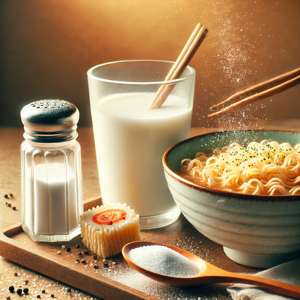 짠 음식을 먹을 때 우유와 함께, 라면과 소금 그릇, 우유와 함께한 짠 음식의 조합 이미지