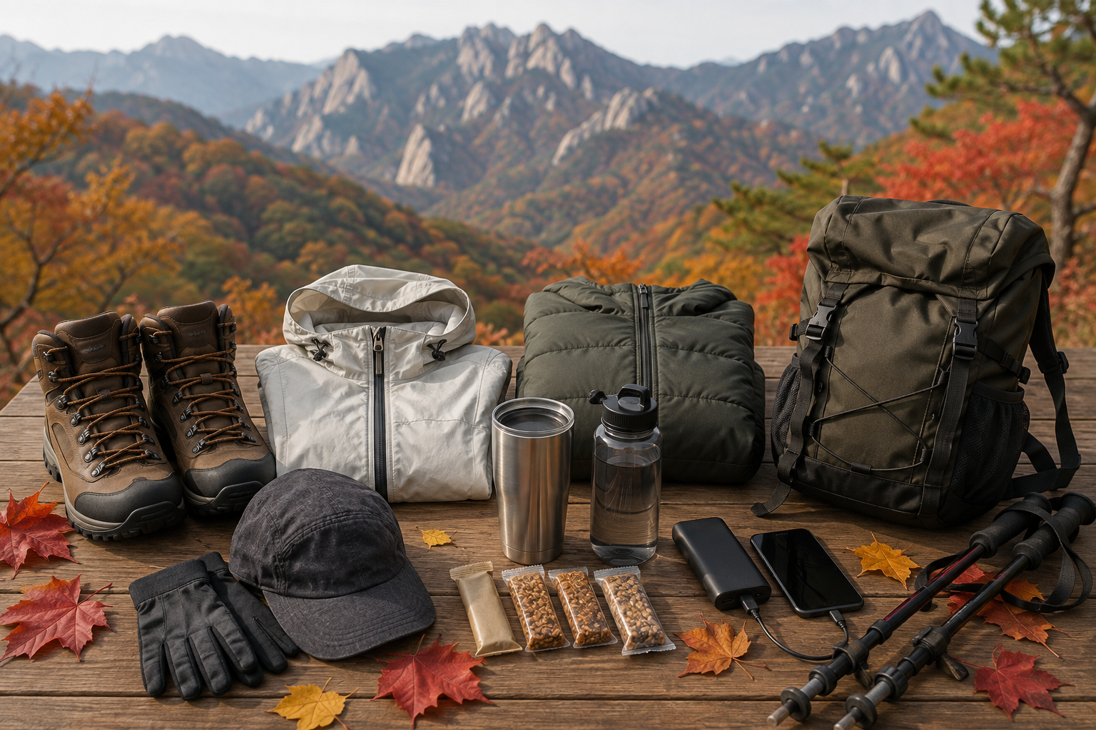 설악산 가을 산행을 위한 등산화와 바람막이, 물과 보조배터리