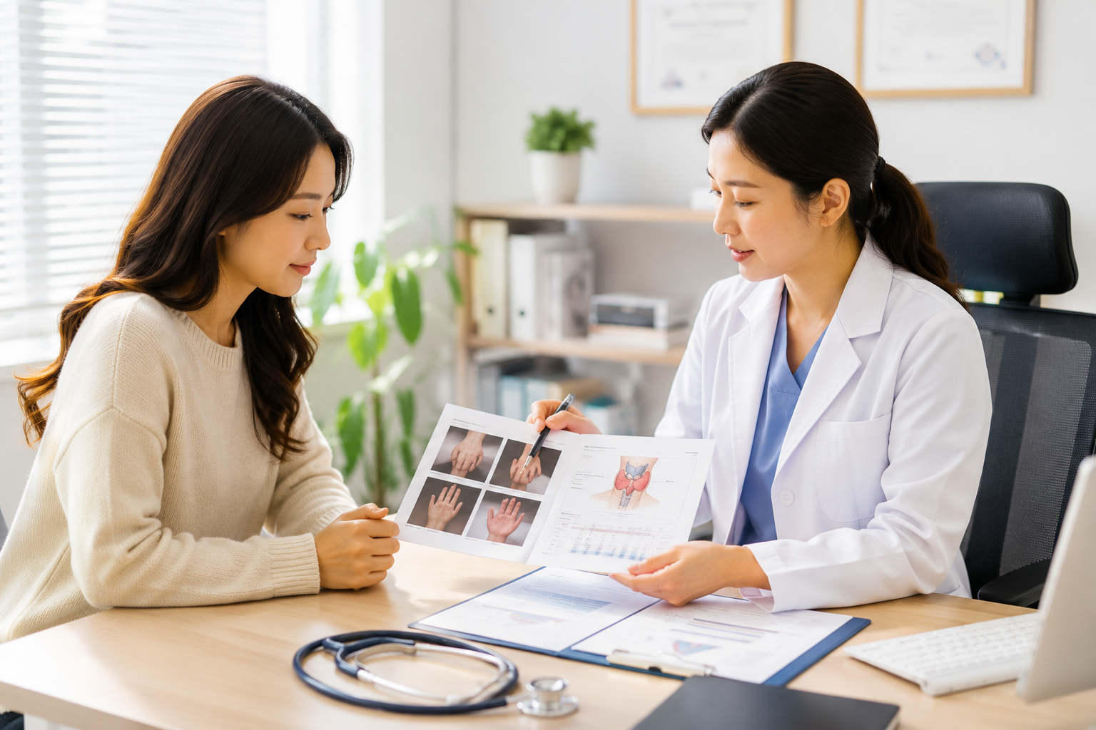 손발 냉증과 빈혈, 갑상선 상태를 여성 의사에게 상담받는 한국인 여성