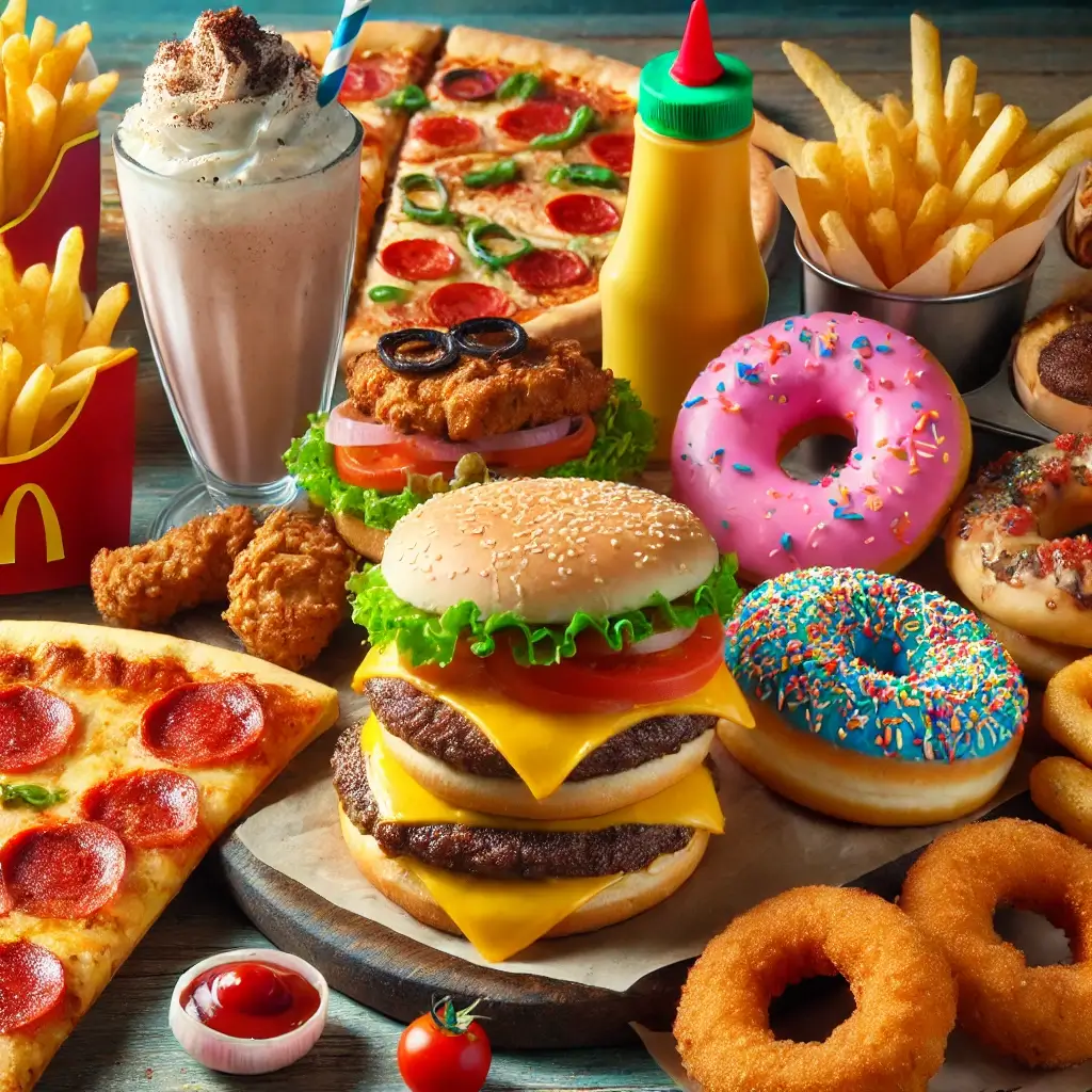 햄버거, 피자, 아이스크림, 치킨, 도넛 등 정크푸드를 표현한 이미지