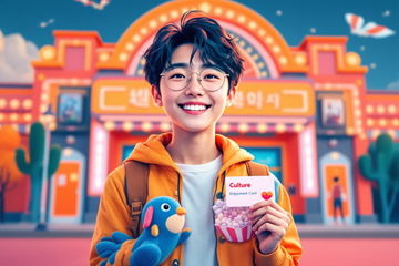 카드 형태의 문화누리카드를 들고 영화관 앞에 서 있는 청년&amp;#44; 