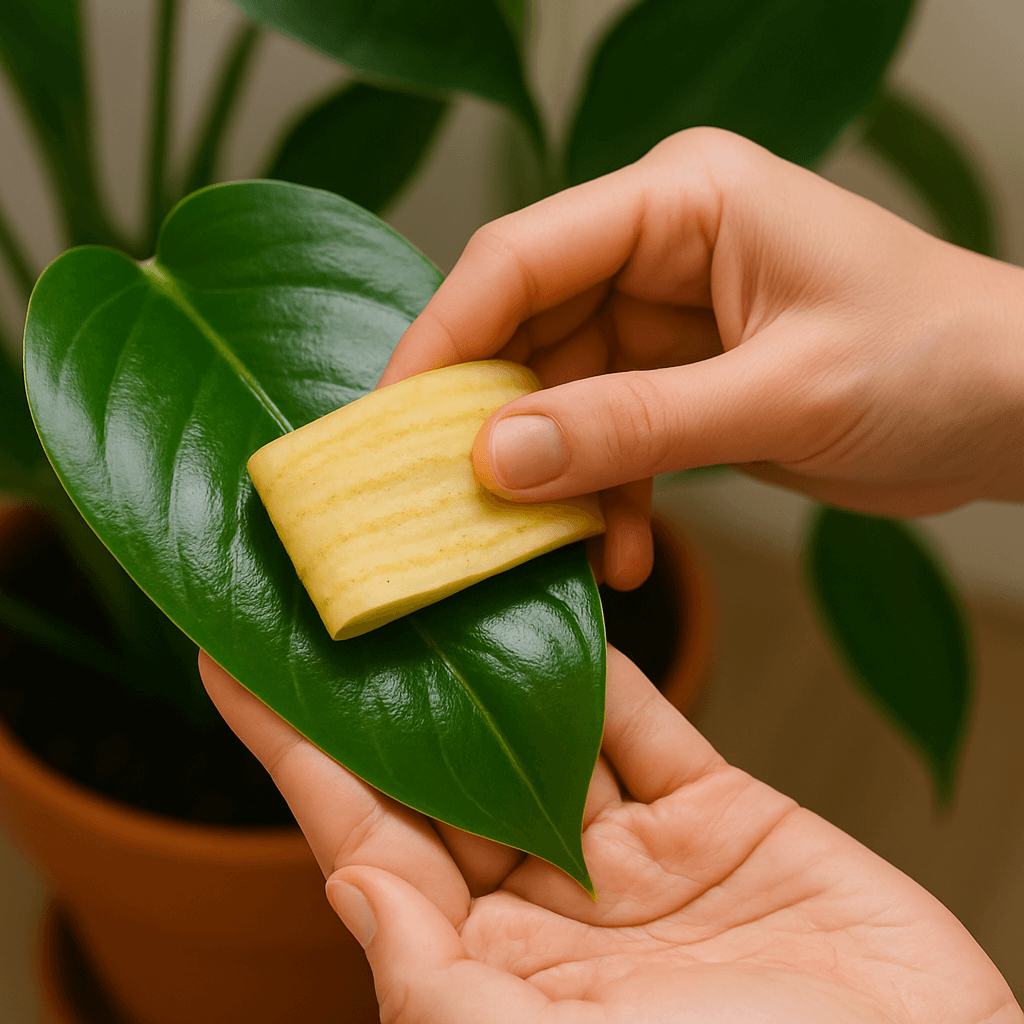 바나나껍질로 몬스테라 잎을 닦는 장면
