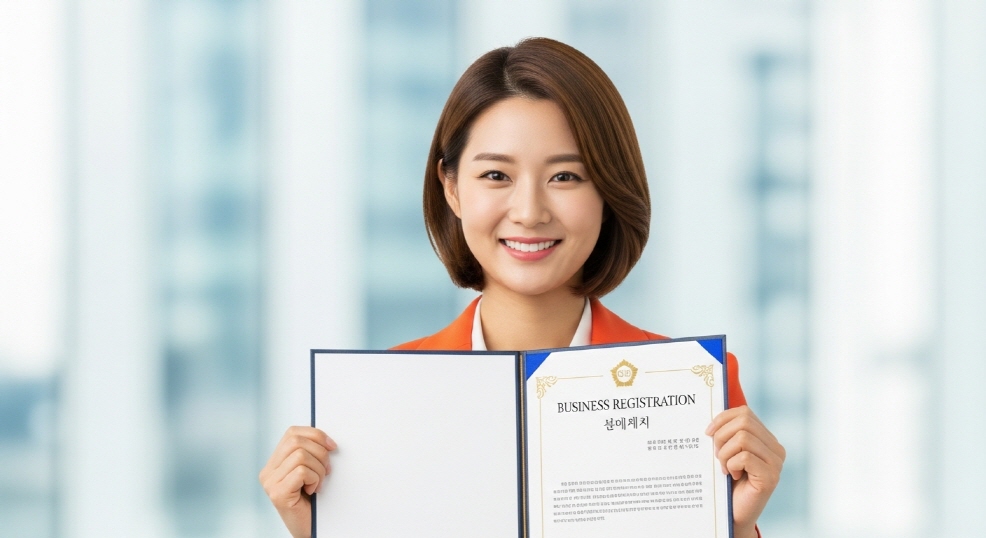 사업자등록증을 들고 미소 짓는 여성 대표