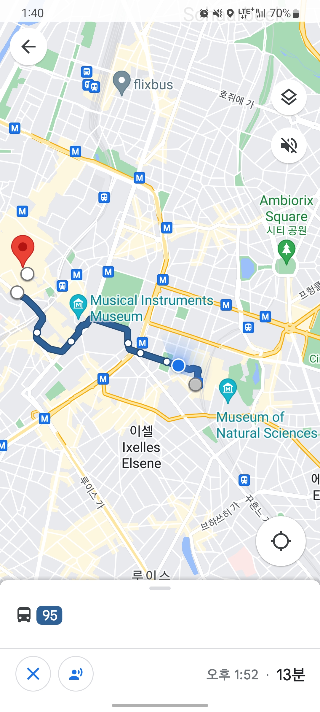 브뤼셀 자연사 박물관에서 그랑플라스 가는 경로 캡쳐