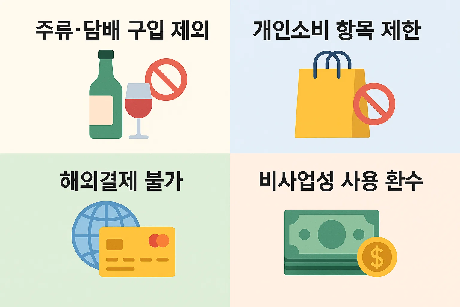 주류·담배 구입 제외, 개인소비 항목 제한, 해외결제 불가, 비사업성 사용 환수 등 부담경감 크레딧의 사용 제한 조건을 명확히 정리한 인포그래픽.