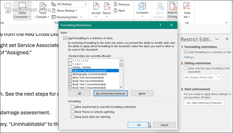 MS 워드 편집 가능한 부분 설정