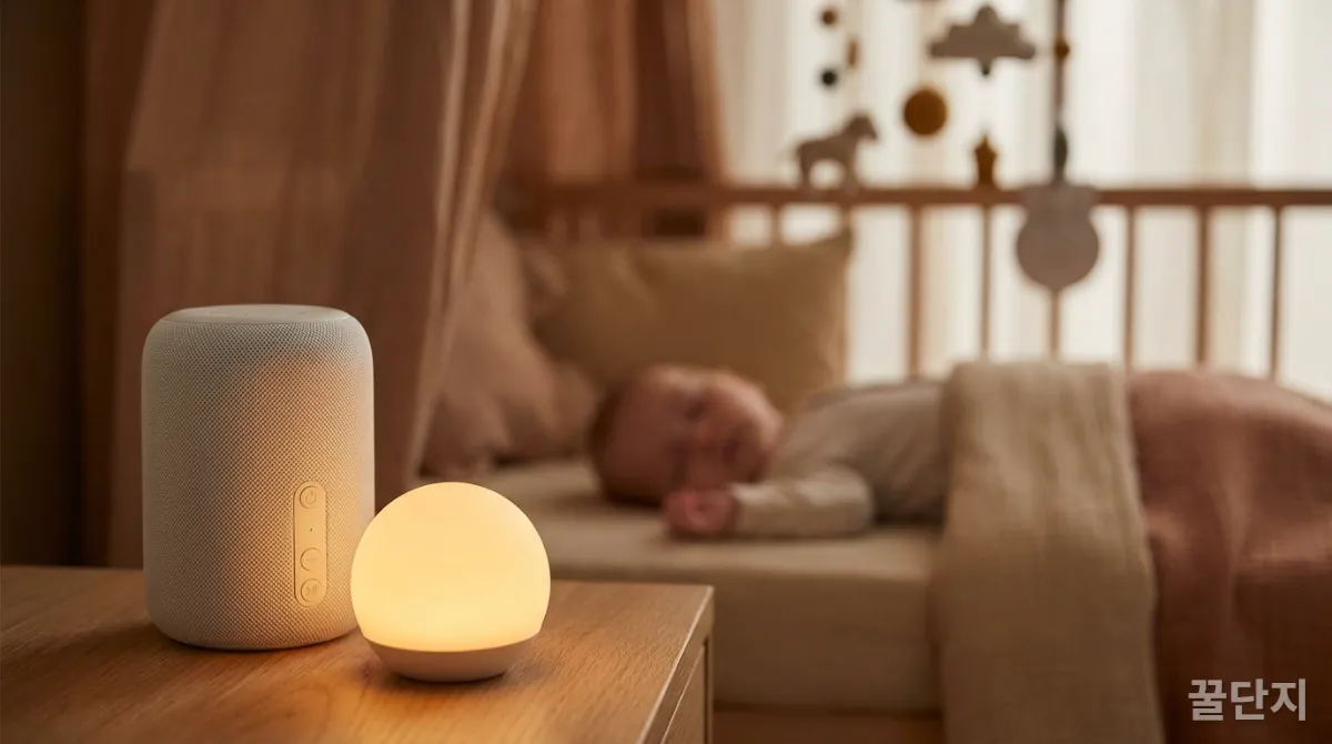 백색소음기와 은은한 무드등이 놓인 아기방 침대 옆 테이블