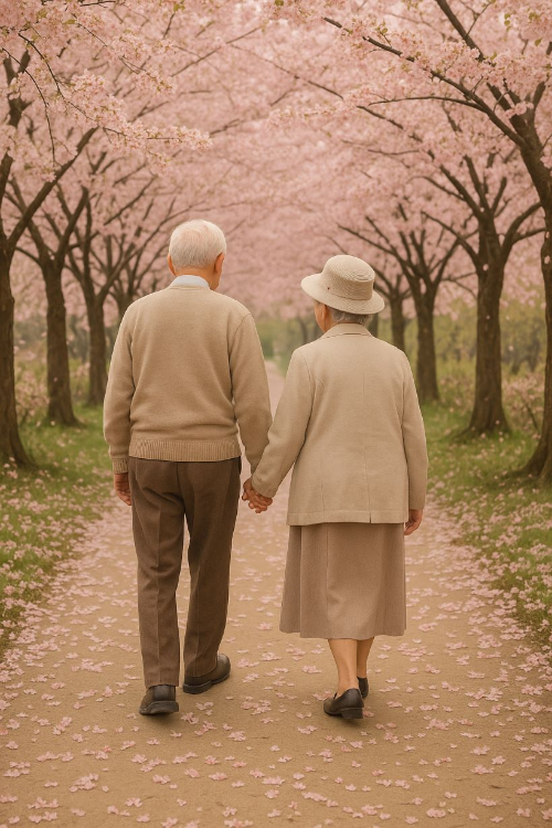지피티가 생성한 이미지 벚꽃길을 걷고 있는 노부부 이미지