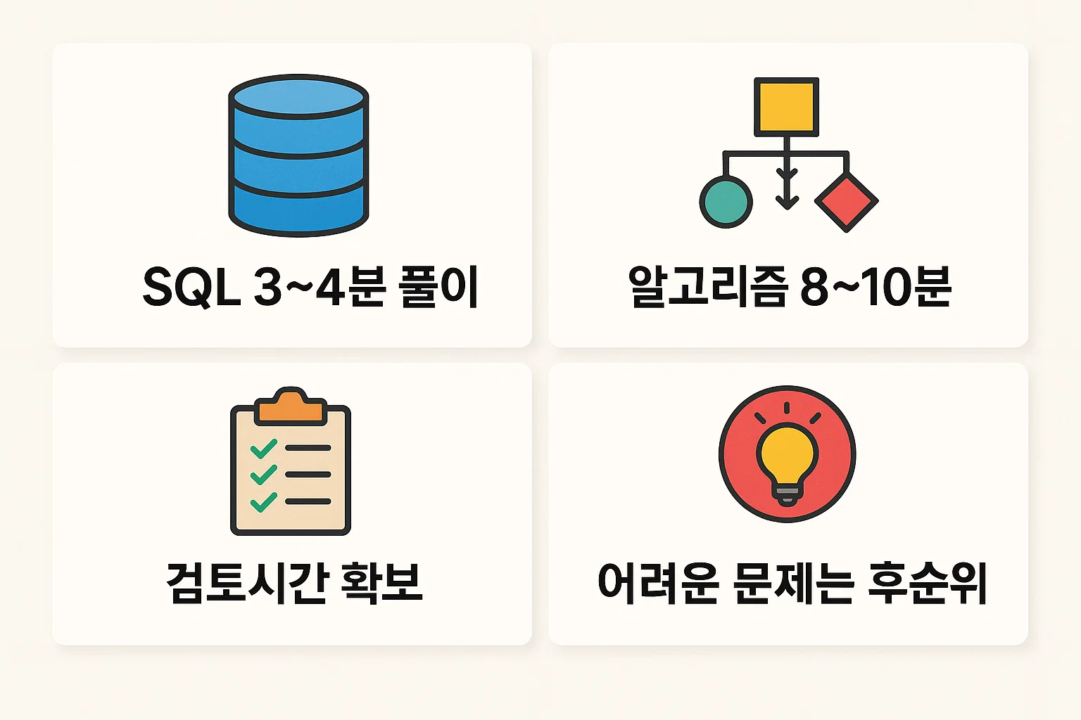 SQL 풀이 시간, 알고리즘 풀이 시간, 검토시간 확보 등 실기시험 시간 분배 및 풀이 전략을 정리한 인포그래픽