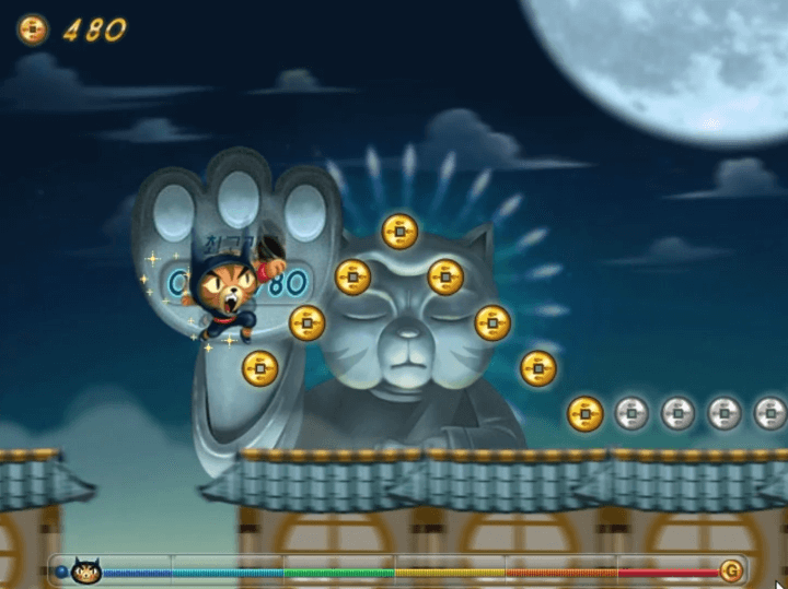 고군분투-이스터에그-모바일-가능-버전-플레이-닌자-고양이-고군이-지붕-위를-점프하여-금화를-획득하는-화면