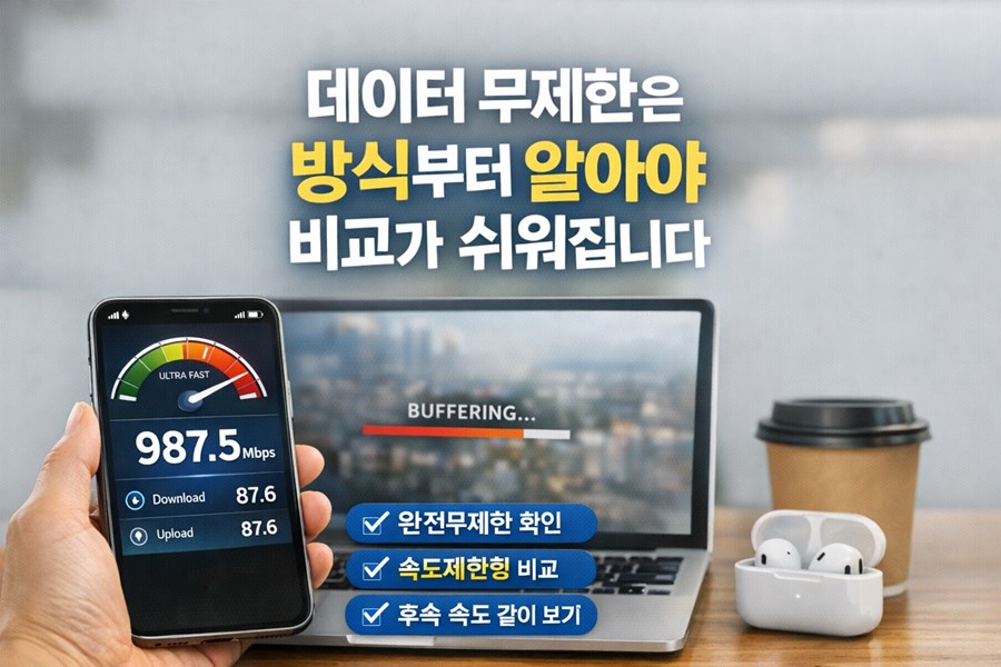 2026 데이터 무제한 요금제 비교를 위해 완전무제한과 속도제한형 구조를 한눈에 설명하는 이미지