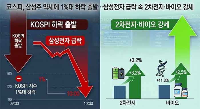 코스피 하락과 2차전지&middot;바이오 강세를 나타낸 그래프 이미지.