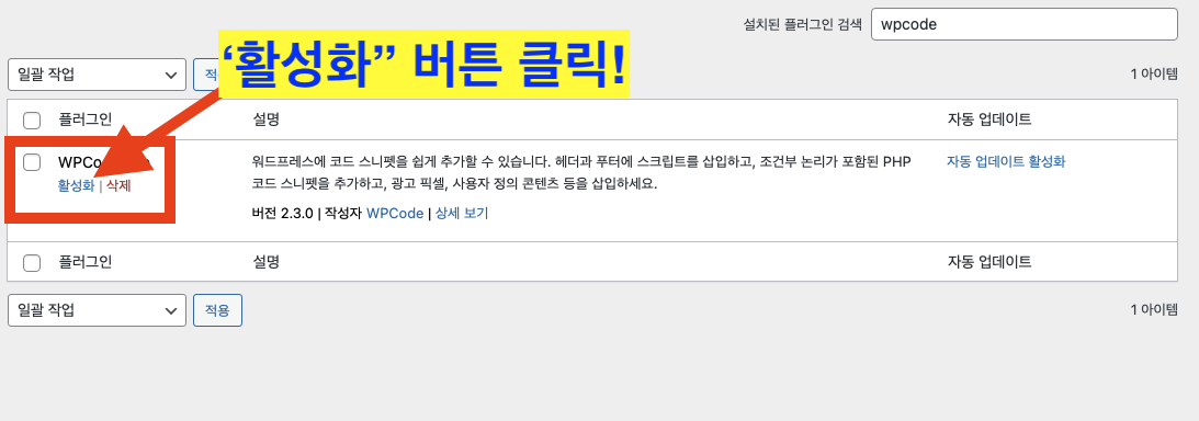 워드프레스 WPCode 플러그인 활성화