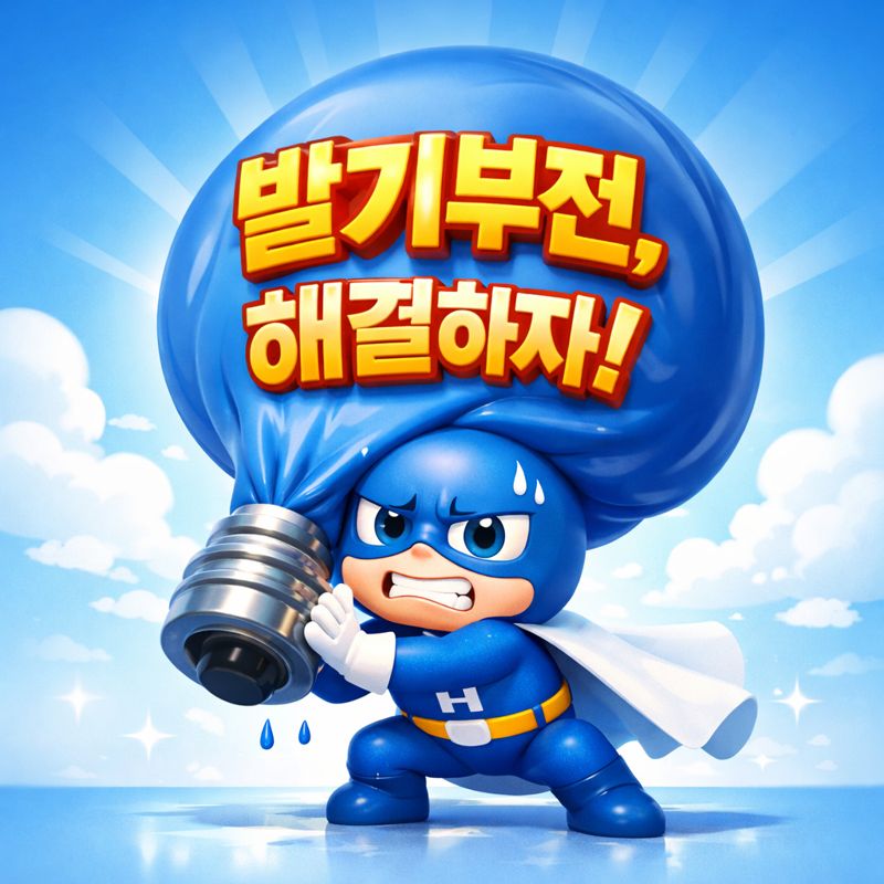 A 3D cartoon illustration of a cute, friendly blue superhero character with a slightly worried but determined expression, trying to lift a heavy, deflated balloon. The balloon is shaped like a lightbulb that needs to be 'turned on'. On the balloon, there's a bold, eye-catching Korean text overlay: '발기부전, 해결하자!'. The superhero represents health and strength. The background is bright, optimistic, and clean, using blue and white tones. 1:1 (Square) aspect ratio.