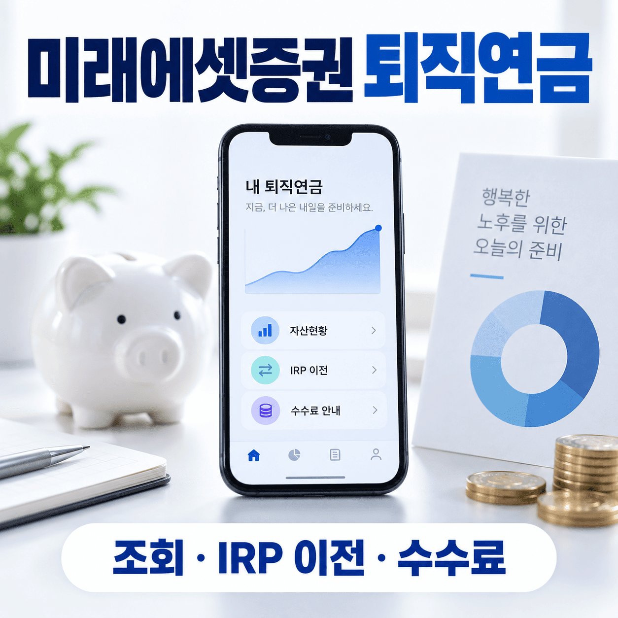 스마트폰의 연금 자산 화면과 함께 퇴직연금 조회&middot;IRP 이전&middot;수수료 확인을 표현한 이미지