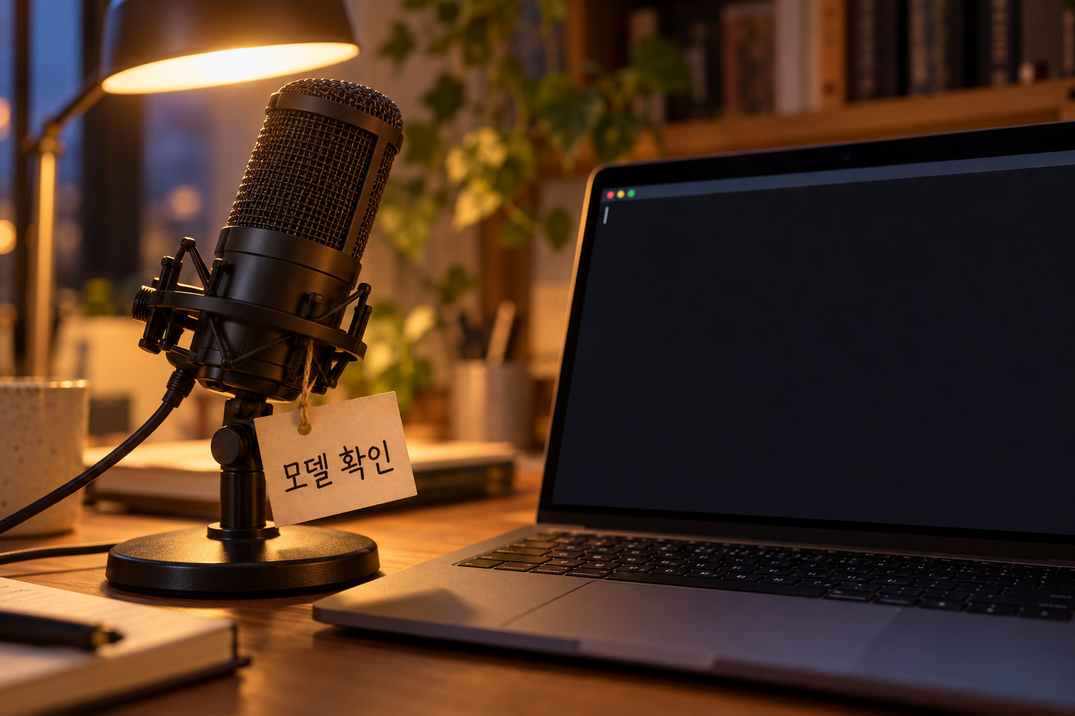 스튜디오 마이크 옆 노트북 터미널과 마이크 스탠드에 걸린 모델 확인 꼬리표가 보이는 책상 장면