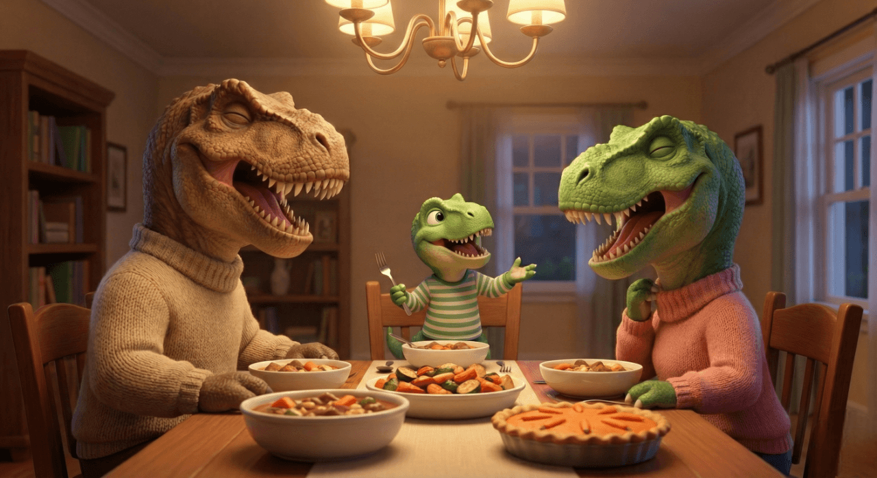 맛있는 음식이 차려진 저녁 식탁에 둘러앉아 파안대소하며 대화하는 티라노 가족. 티라노 어린이가 포크를 들고 재치 있고 당당한 표정으로 엄마 아빠의 대화에 참여하는 모습. 가족 식사 예절 및 하브루타 대화법.