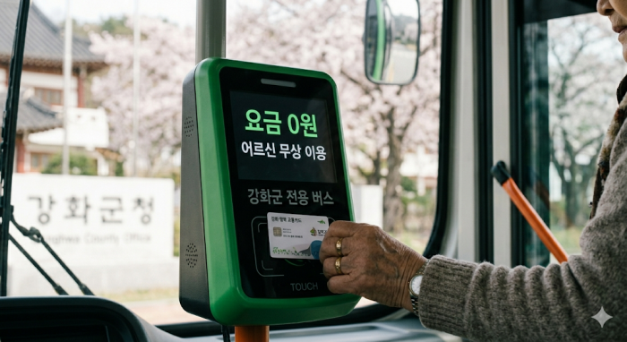 강화군 무상 버스 단말기에 전용 교통카드를 클로즈업하여 태그하는 인자한 모습의 어르신 사진