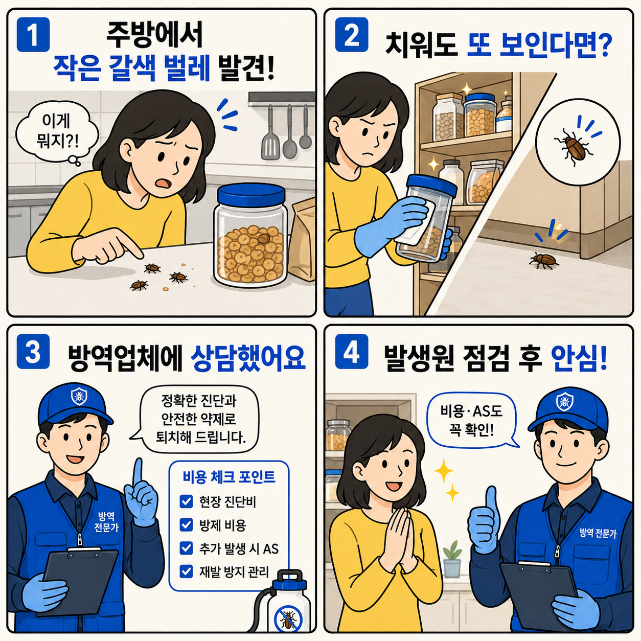주방에서 작은 갈색 권연벌레를 발견한 뒤 청소해도 계속 나타나자 방역업체에 상담하고, 발생원 점검과 비용 및 AS 확인 후 안심하게 되는 과정을 담은 네컷만화 이미지.