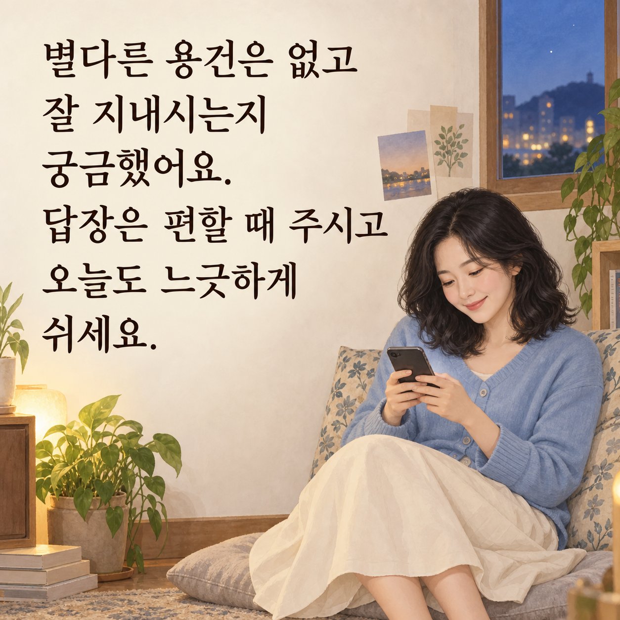 친구에게 전하는 저녁 안부 이미지 14 — 별다른 용건은 없고 잘 지내시는지 궁금했어요. 답장은 편할 때 주시고 오늘도 느긋하게 쉬세요.