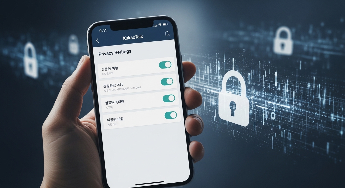 카카오톡 개인정보 설정 화면을 보여주는 스마트폰을 손에 든 모습. 데이터 보호와 사생활 관리의 중요성을 나타냅니다.