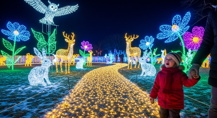 화려한 불빛 조형물로 장식된 겨울 축제 야경을 감상하는 아이의 뒷모습.