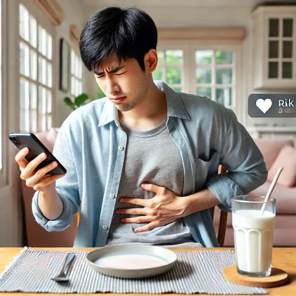 식탁에 앉아 우유 앞에서 배를 움켜쥐며 소화 앱을 확인하는 동양인 젊은 남성