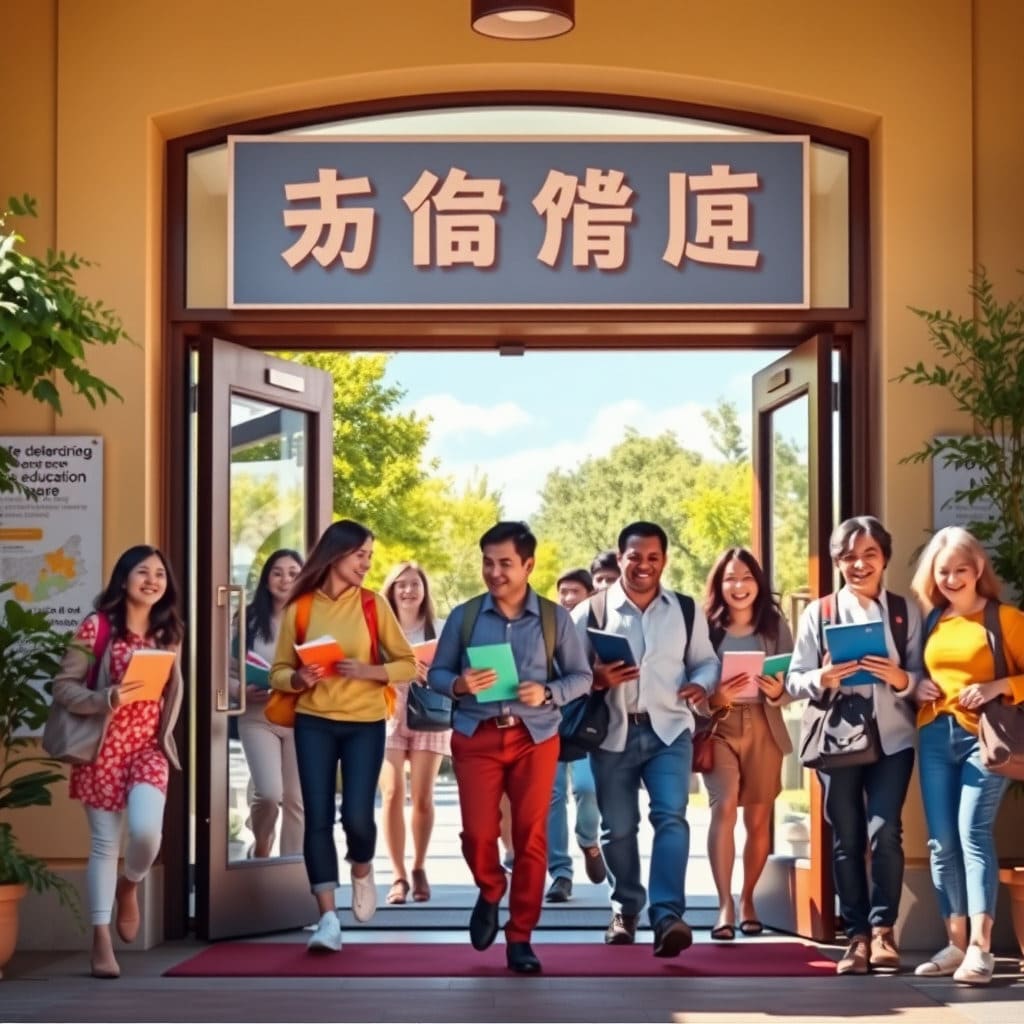 '평생교육원' 또는 '학습센터' 간판 아래로 다양한 사람들이 활기차게 들어서는 모습 (희망적인 분위기)