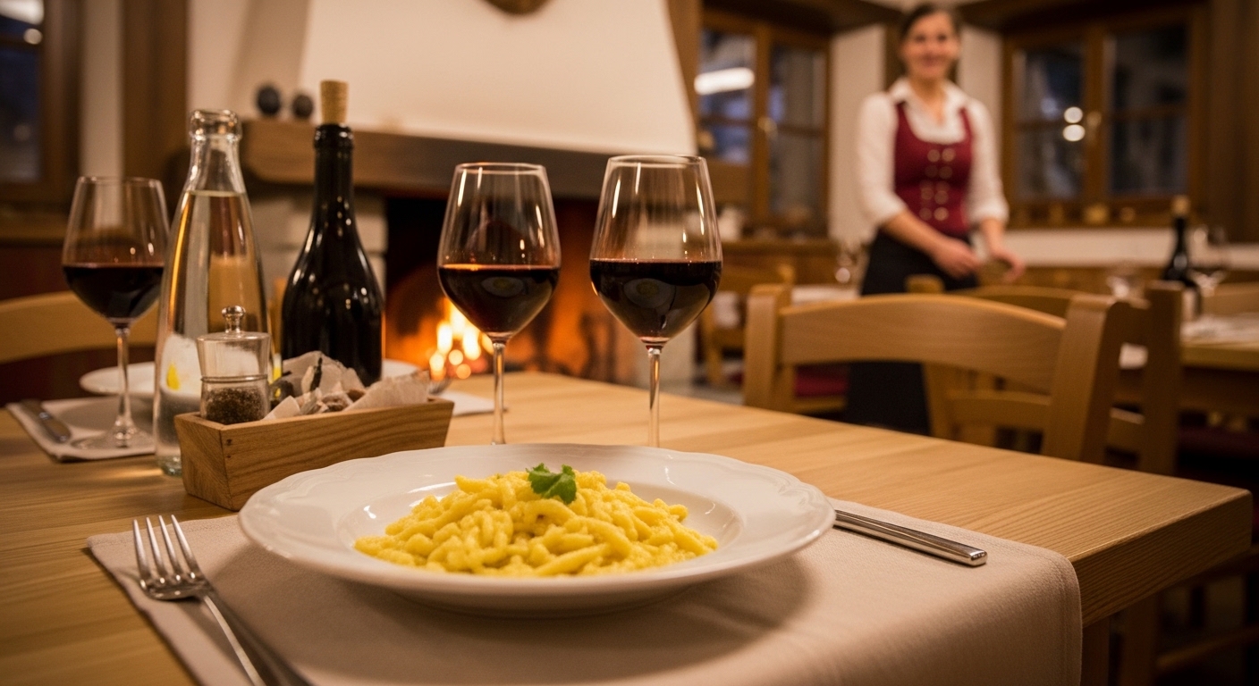 코르티나 담페초의 아늑하고 소박한 이탈리아 트라토리아 내부, 신선한 파스타와 현지 와인이 놓인 테이블, 따뜻한 벽난로의 모습
