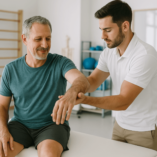중년의 남성이 젊은 남성에게 도수치료를 받고 있는 이미지