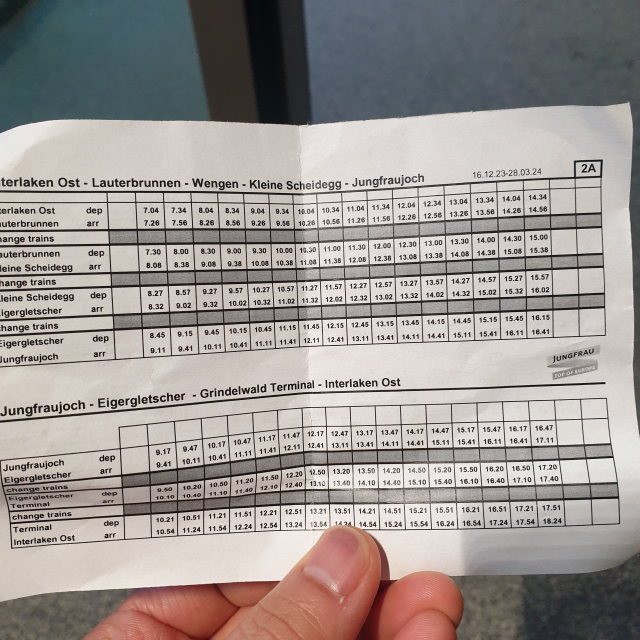 융프라우요흐에서 인터라켄 동역으로 가는 시간표