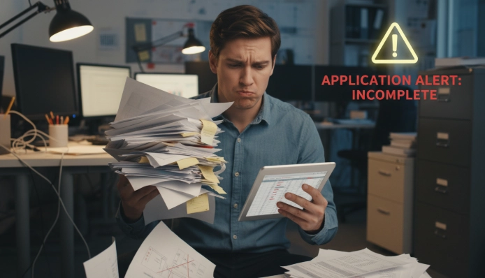 혼란스러워하며 서류 더미를 들고 있는 사람. 정보 부족과 준비 미흡으로 인한 어려움을 상징합니다.