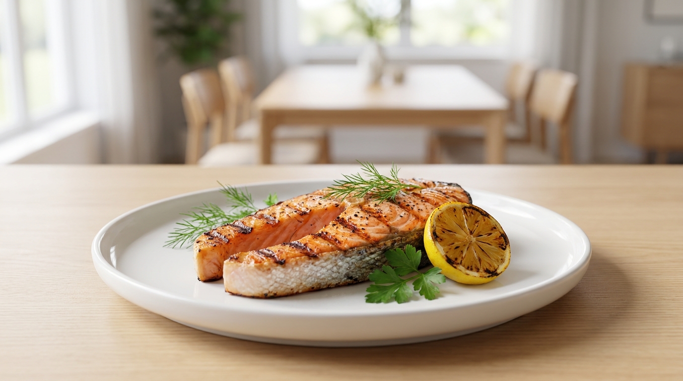 안구건조증 완화에 효과적인 오메가-3가 풍부한 노릇하고 촉촉한 연어 스테이크 구이