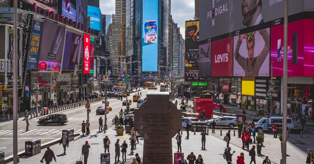 Times Square in New York City with Nasdaq billboard and bustling daytime crowd