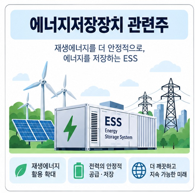 대형 배터리와 전력망 아이콘 위에 에너지저장장치 관련주 문구가 표시된 대표 이미지