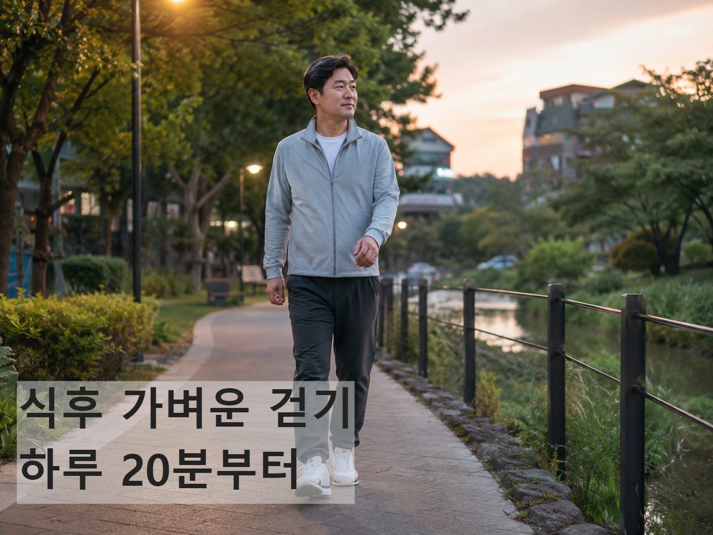 40대 남성이 저녁 식사 후 공원에서 가볍게 걷는 모습