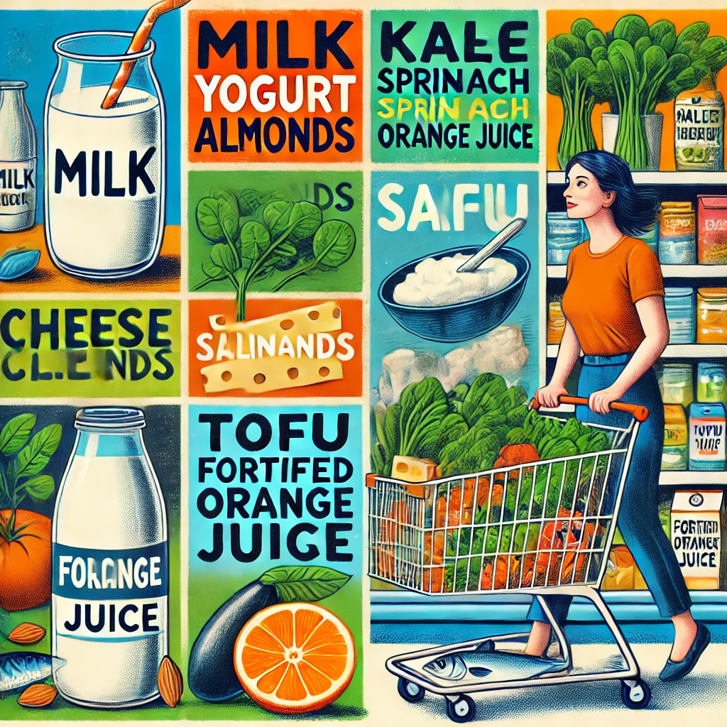 칼슘이 풍부한 음식을 조사하여 마트에서 구매하는 여성의 모습