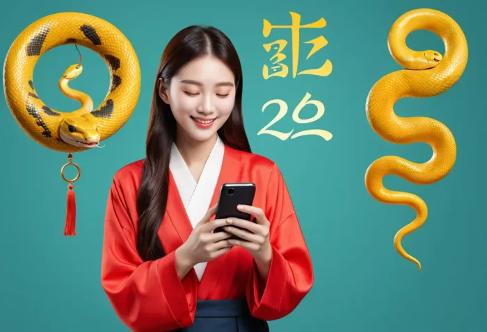 2025년 뱀띠 운세를 보며 미소 짓는 모습