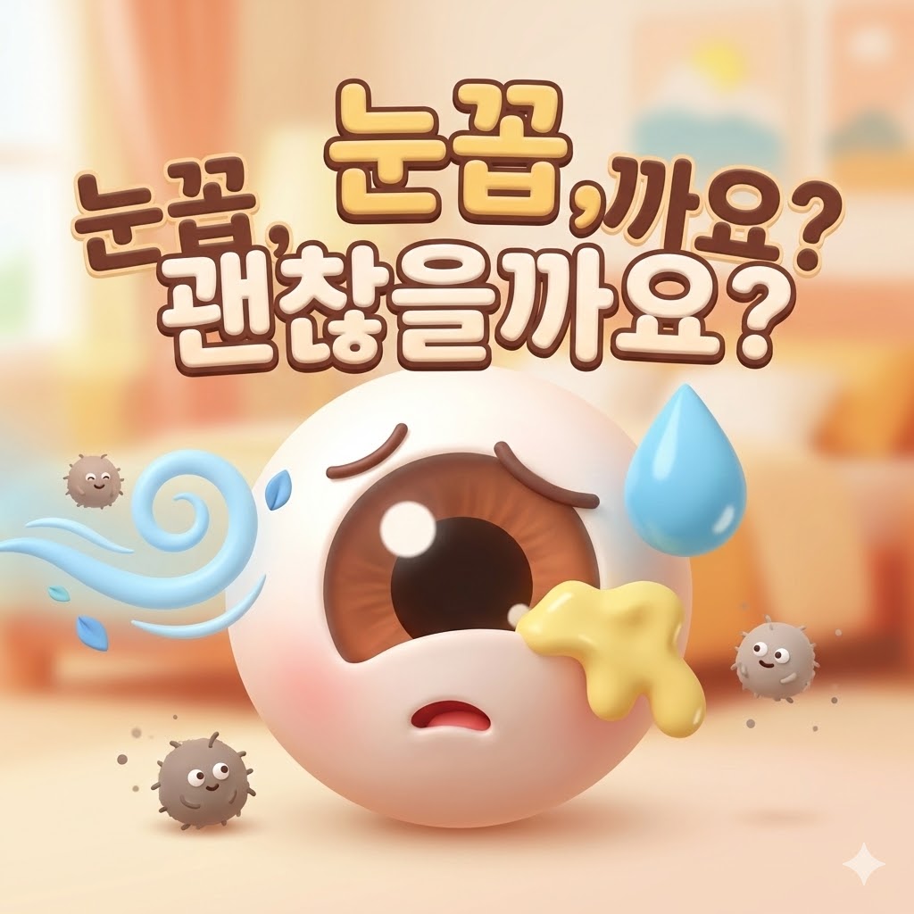 피곤하고 걱정스러운 표정의 귀여운 3D 카툰 눈 캐릭터 주변에 작은 먼지와 눈물방울이 묘사된 이미지. '눈꼽, 괜찮을까요?'라는 문구가 크게 쓰여 있다.