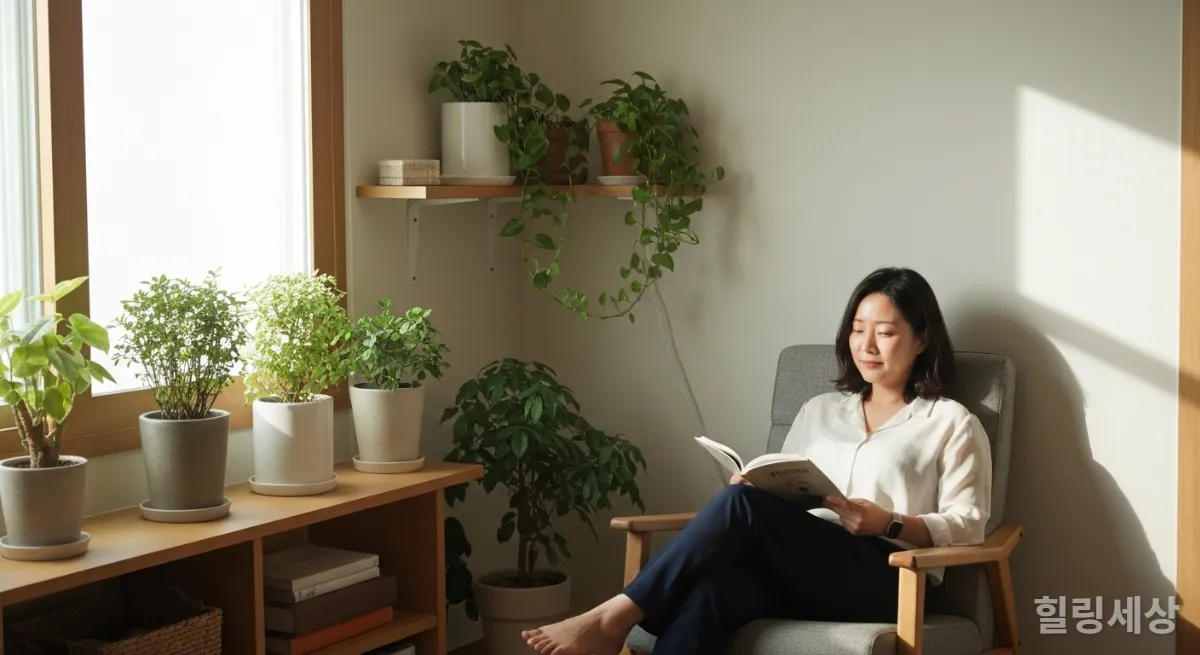 집에서 식물과 함께 편안하게 독서하는 한국인 여성