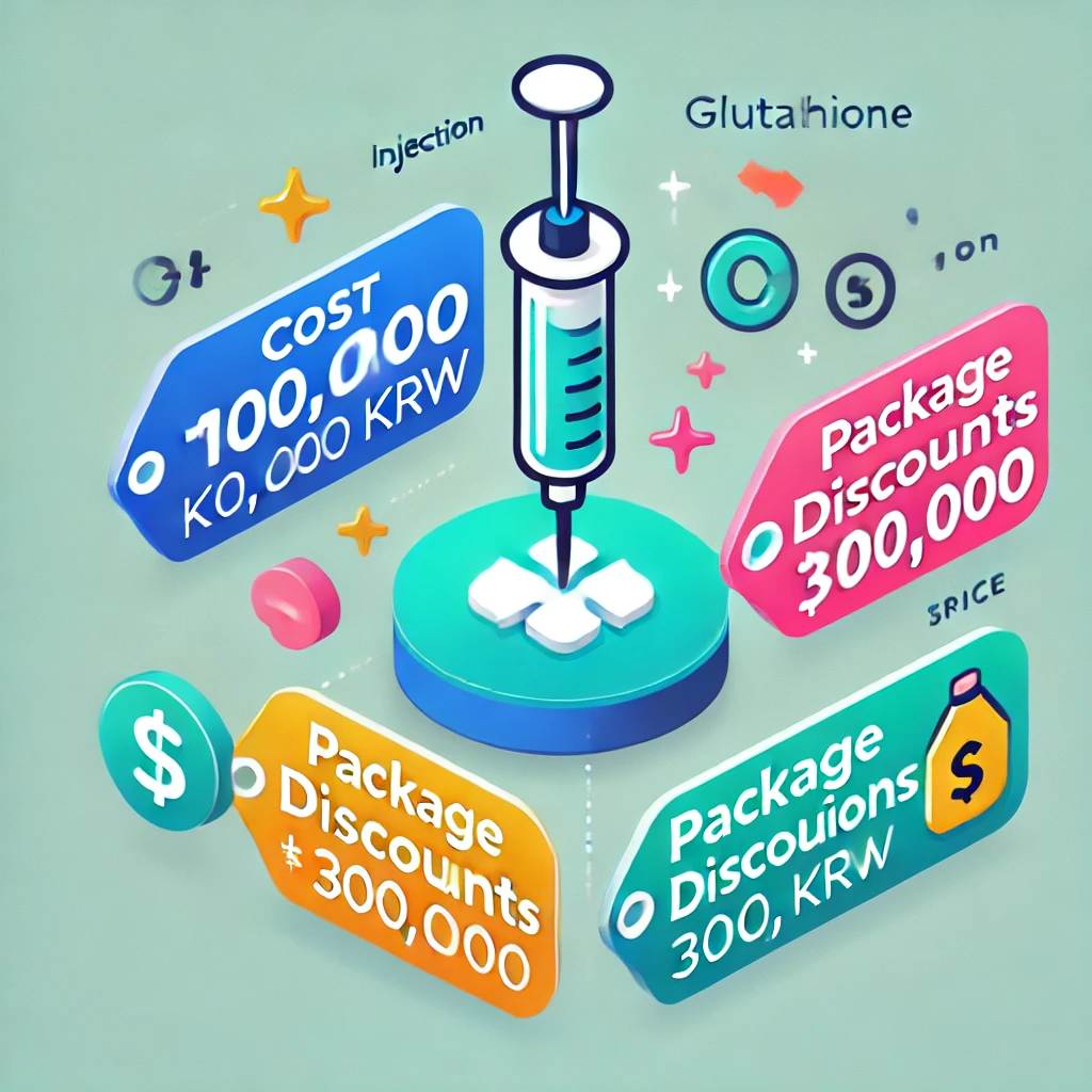 글루타치온 주사 가격에 대한 핵심 정보를 설명하는 썸네일. 주사를 상징하는 주사기와 100,000원에서 300,000원 사이의 가격표가 함께 있으며, 패키지 할인과 프로모션 같은 비용 절감 방법을 나타내는 아이콘들이 배치되어 있습니다. 배경은 깔끔하고 현대적인 디자인으로 주요 요소들이 강조되었습니다.