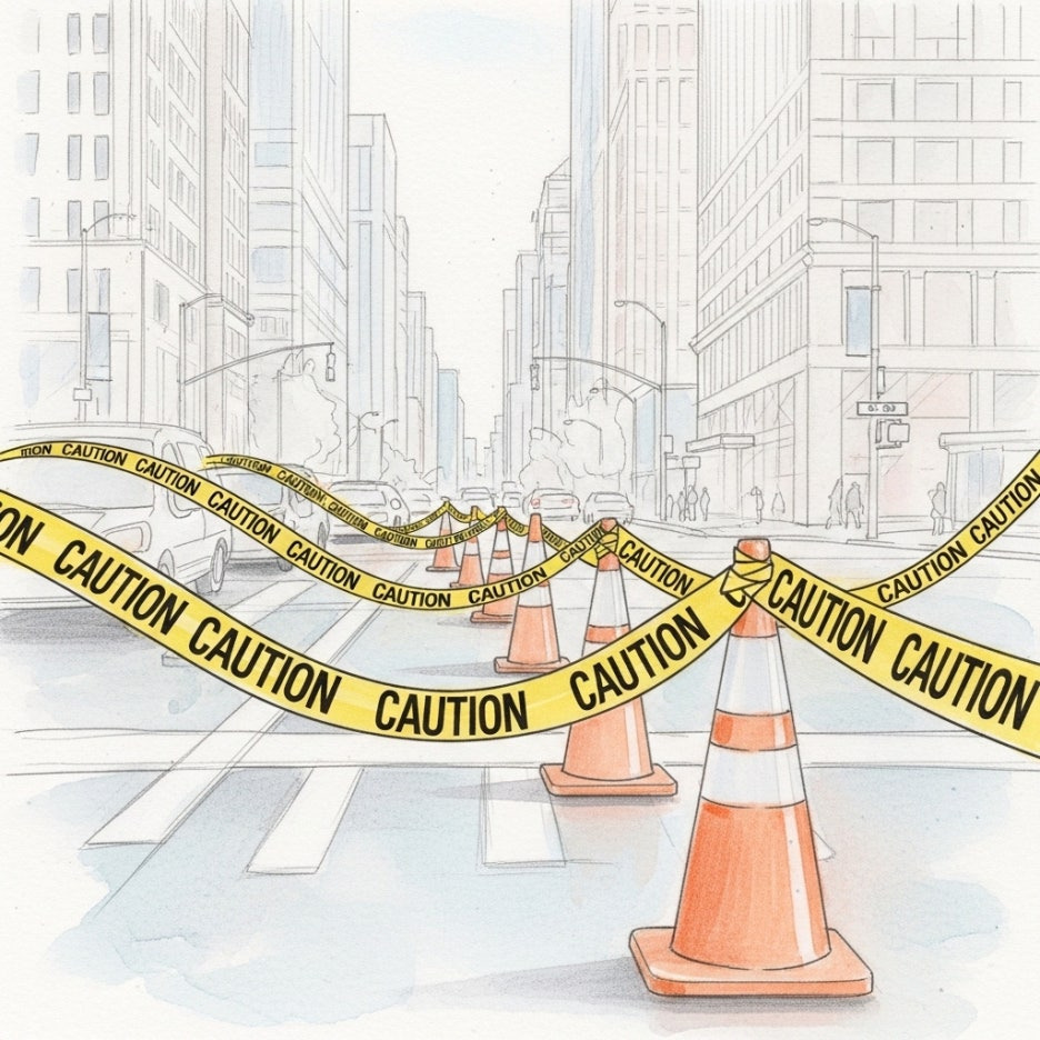 도로 통제와 안전 펜스가 설치된 차분한 거리 풍경