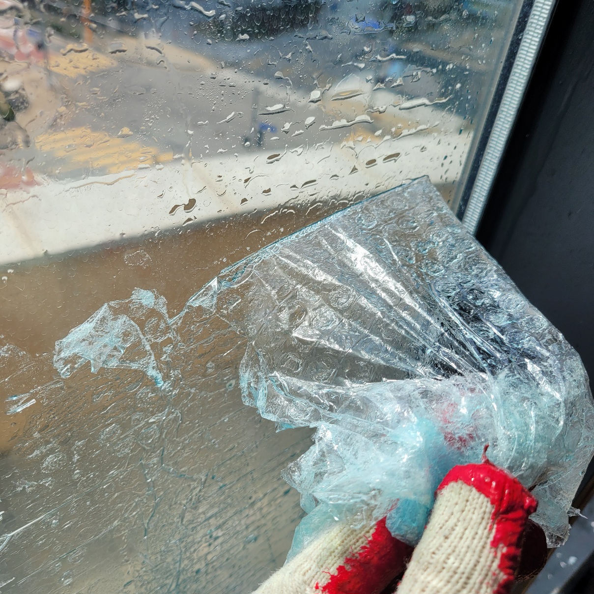 물을 뿌리고 충분히 기다리면 비닐이 필름처럼 벗겨진다