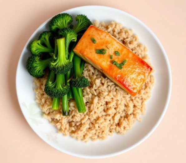 현미밥에 연어 오븐 구이, 브로콜리 볶음.