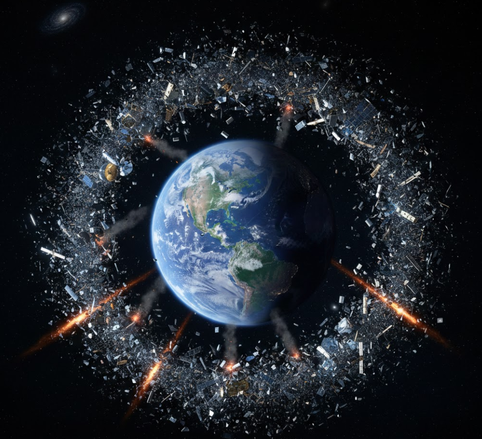 지구 주위를 엄청난 속도로 둘러싸고 있는 수많은 인공위성 파편과 잔해(우주 쓰레기)들이 서로 충돌하며 지구로 추락할 위험을 시사하는 심각한 상황을 시각화한 일러스트