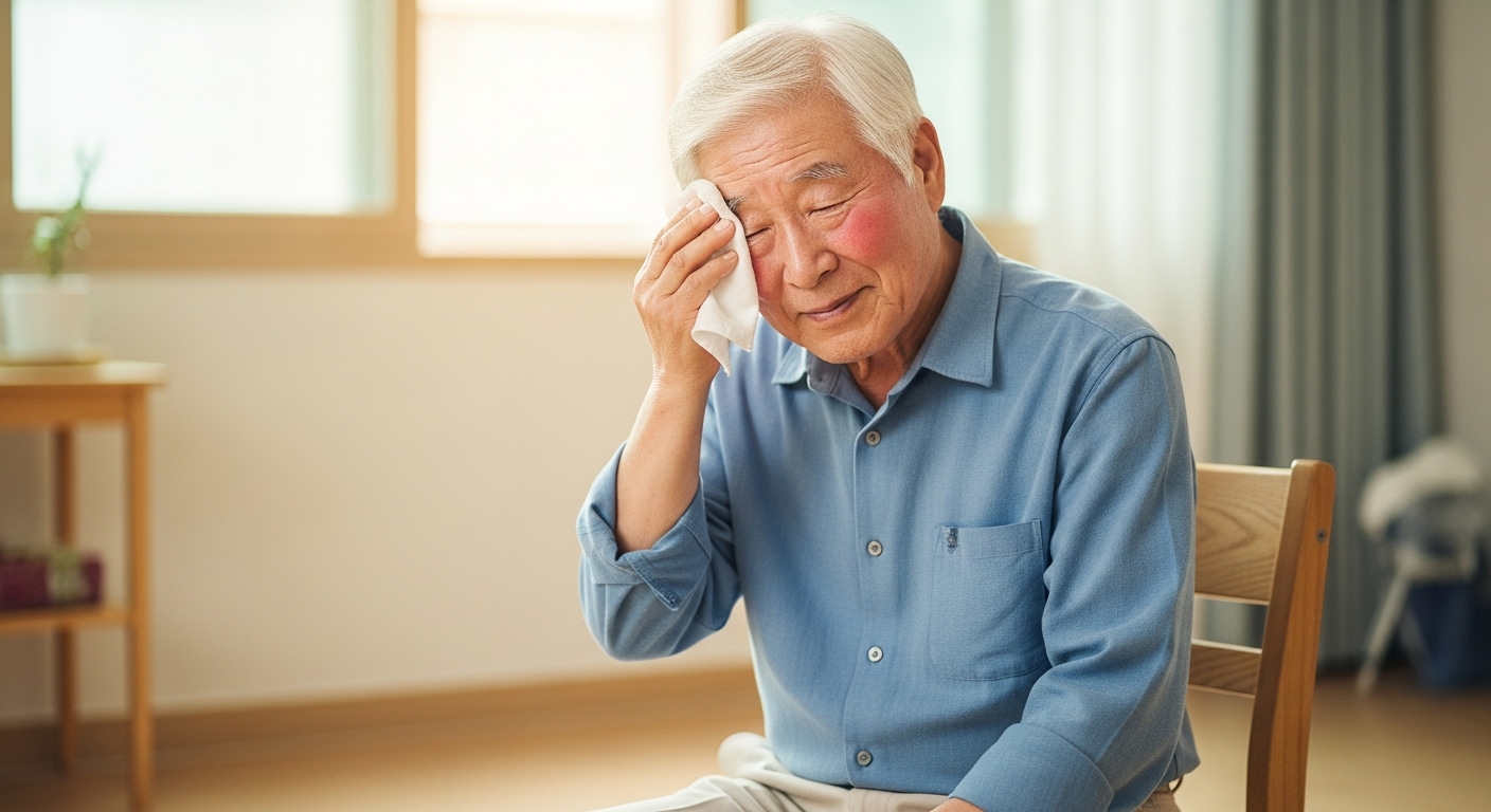 의자에 앉아 식은땀을 닦는 노인