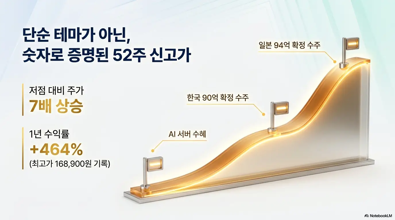 기가비스 주가가 52주 신고가를 경신한 흐름을 보여주는 그래프 이미지. 저점 대비 약 7배, 1년 수익률 464%, 최고가 168,900원 기록과 함께 AI 서버 수혜, 한국 90억·일본 94억 확정 수주가 상승 동력으로 표시됩니다. 단순 테마가 아닌 숫자로 증명된 상승임을 설명합니다.